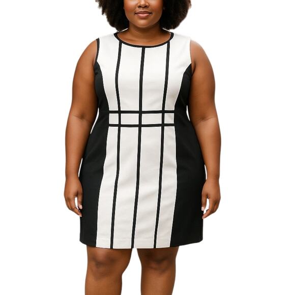 Calvin Klein White Black Striped Sleeveless Zip Cami Career Mini Sheath Dress 16 - Picture 1 of 5
